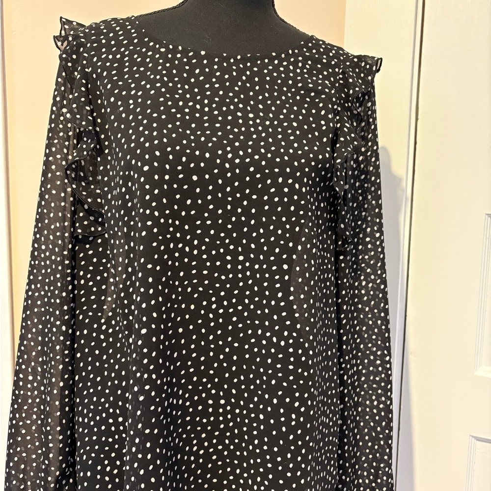 CAbi Black Blouse with White Polka Dots & Butterfly sleeve detail - size Medium